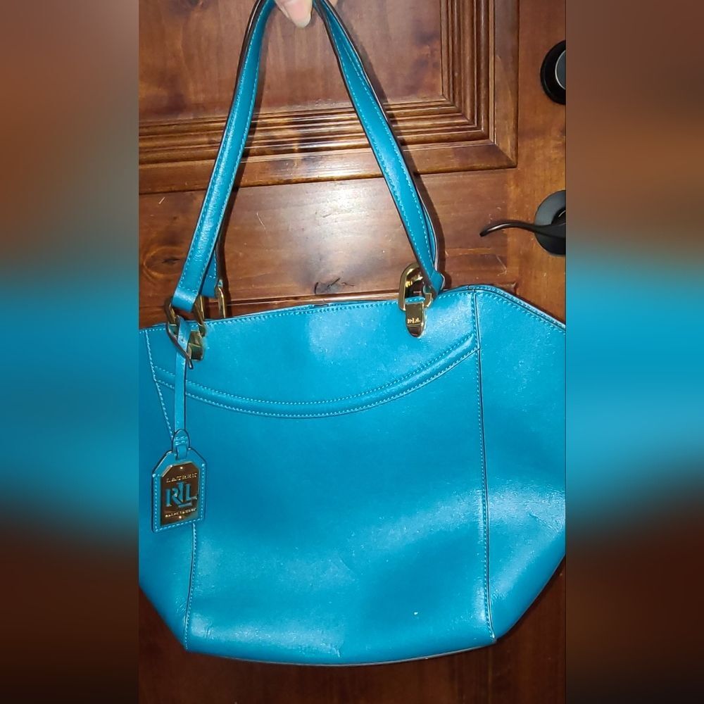 Ralph Lauren Designer Lexington Vibrant Blue Turquoise Tote Purse Bag - Picture 2 of 11